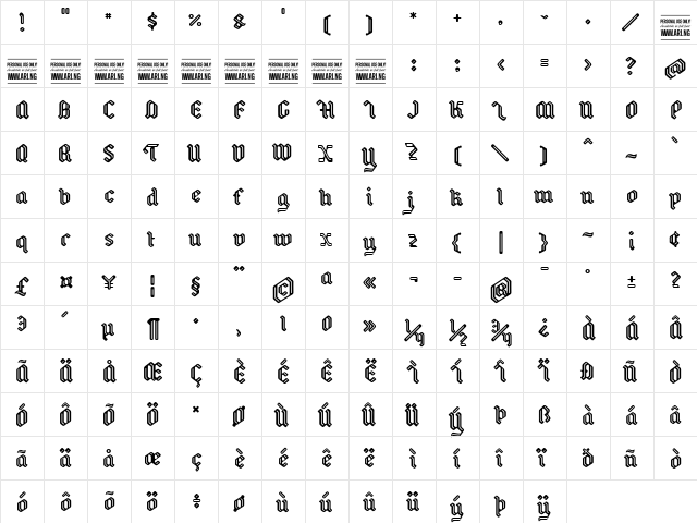 Backyard PERSONAL Regular  glyph index