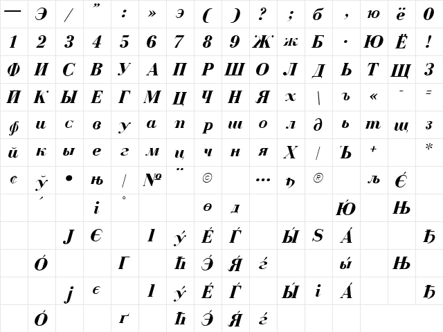 Cyrillic Bold-Italic  glyph index