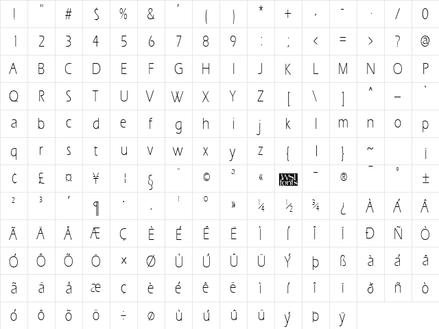 ErgoeLightCond Regular  glyph index