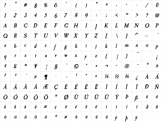 Caslon Antique Bold Italic  glyph index