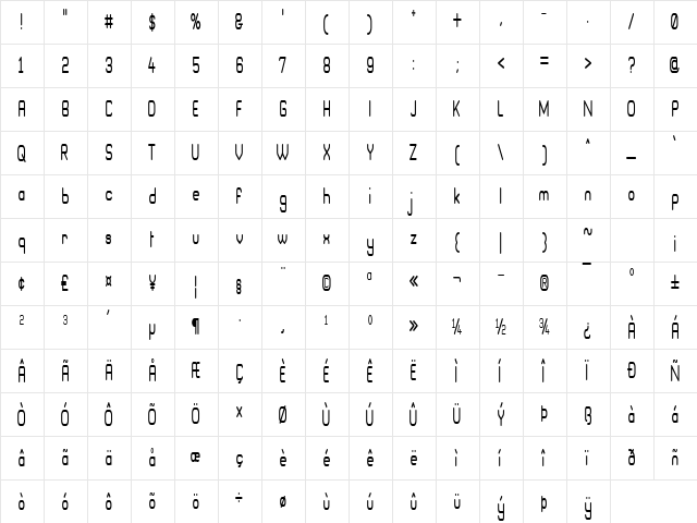 Brave New Era (narrow) G98 Regular  glyph index