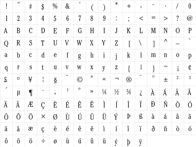 ITC Cheltenham Light Condensed  glyph index