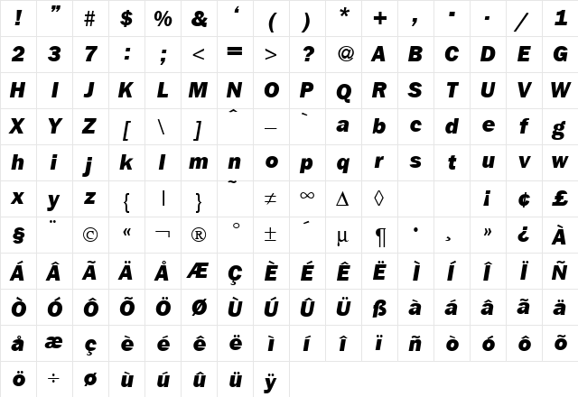 FranklinGothicNewHeavy RegularItalic  glyph index