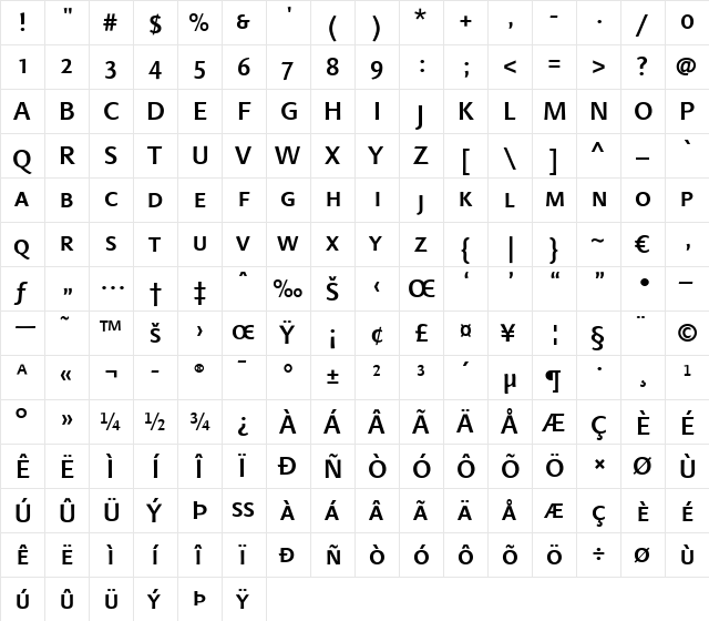 LTFinnegan SC Medium Regular  glyph index