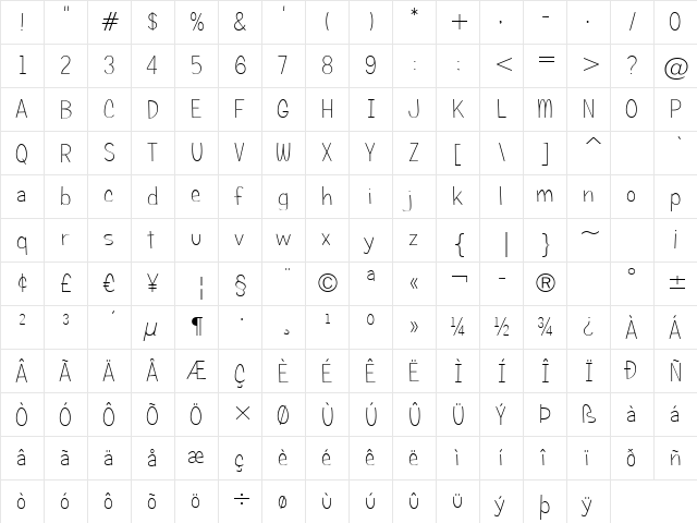 Candy Square BTN Lt Regular  glyph index