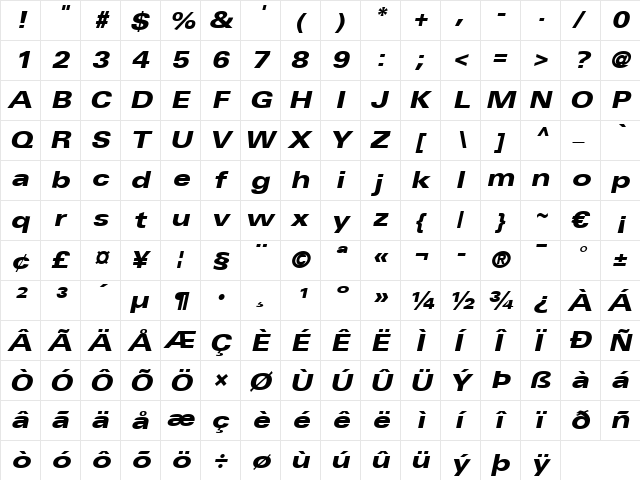 Univers LT 73 BlackExtended Italic  glyph index