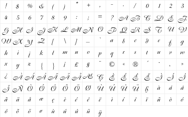 Boulevard BQ Regular  glyph index