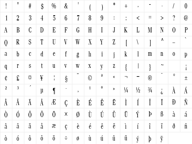 FeliciaCondensed Regular  glyph index