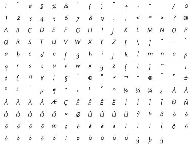 Julius Primary Std Bold Italic  glyph index