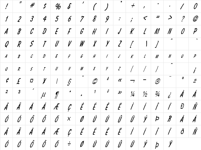 Bassett Thin Italic  glyph index
