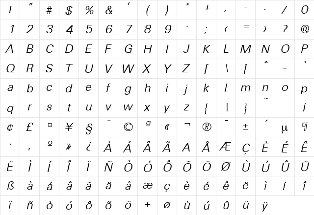 Ultimate-Serial-Light RegularItalic  glyph index