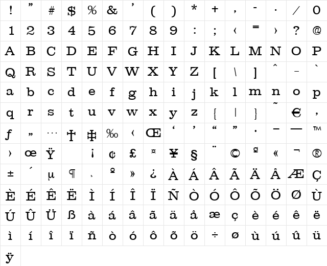 Clarendon-Light Regular  glyph index