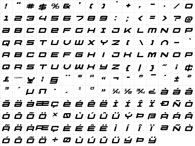 U.S.S. Dallas Expanded Italic Expanded Italic  glyph index
