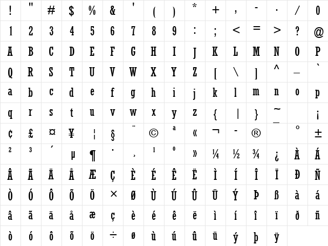 Rockwell Condensed Regular  glyph index