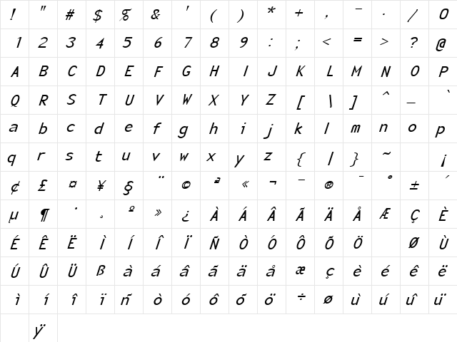 Enola Italic Regular  glyph index