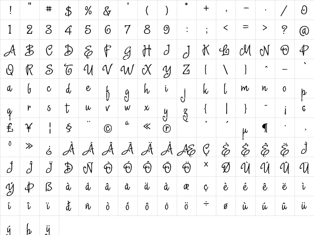 Delight Script Regular  glyph index