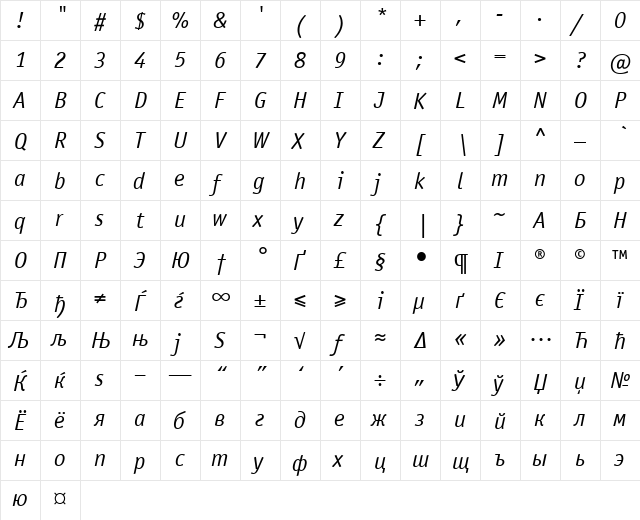 OfficinaSansMACCTT Italic  glyph index