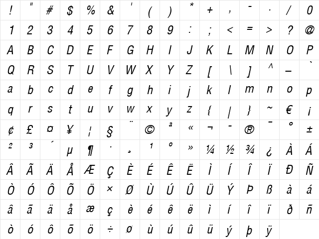 Helvetica LT Condensed Italic  glyph index