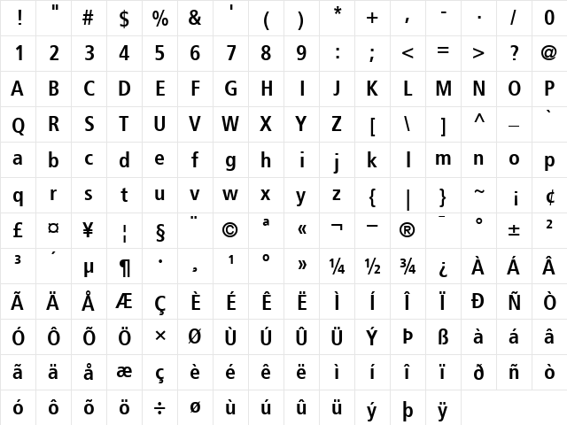 Frutiger Bold Cn Regular  glyph index