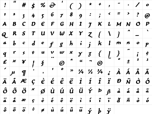 CarlinScript LT Std BoldIt Regular  glyph index