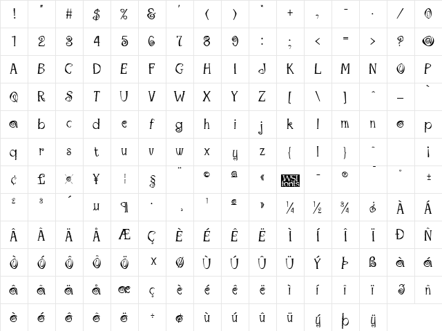 Maraca Regular  glyph index