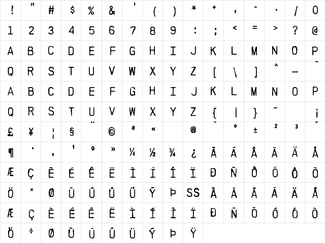 PRINTF Regular  glyph index