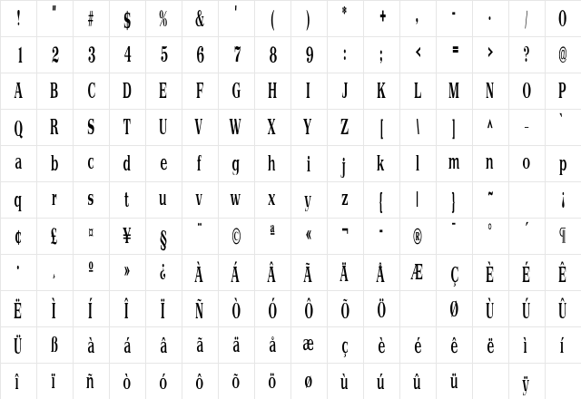 Primus Narrow SF Bold  glyph index