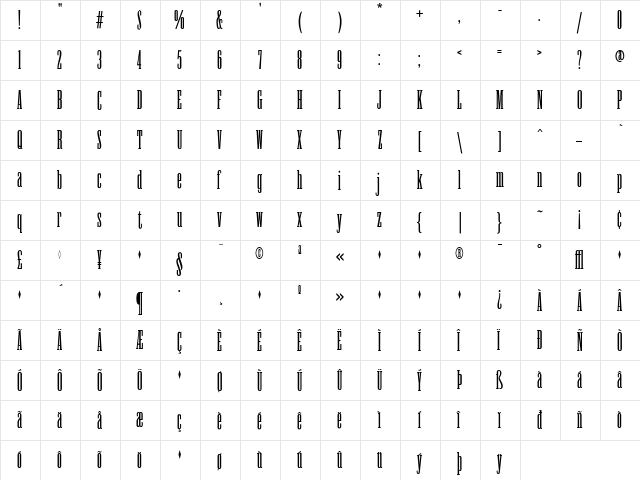 AntiqueCondensed Regular  glyph index