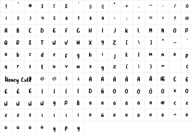 Honey Cute Regular  glyph index