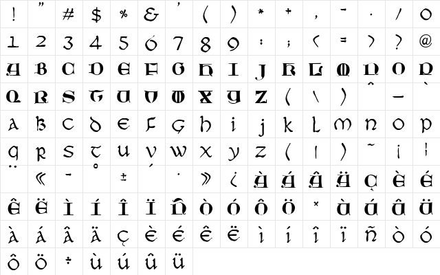 JMH Moreneta Regular  glyph index