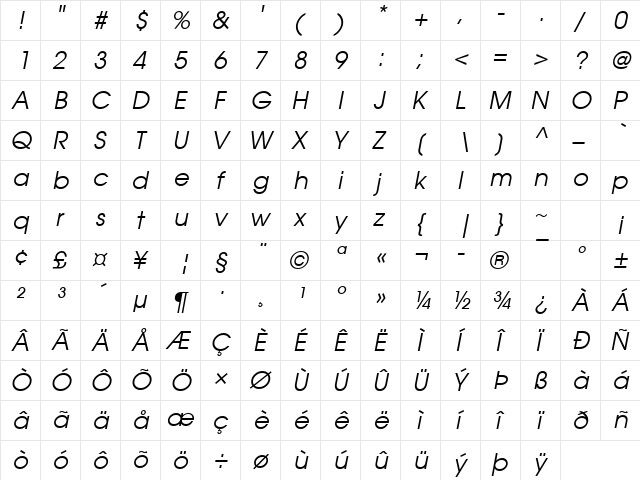 ITC Avant Garde Gothic Book Oblique  glyph index