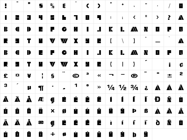 Art Regular  glyph index