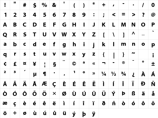 Myriad Web Pro Bold  glyph index