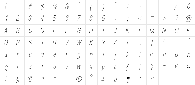 HeliosCondThinC Italic  glyph index