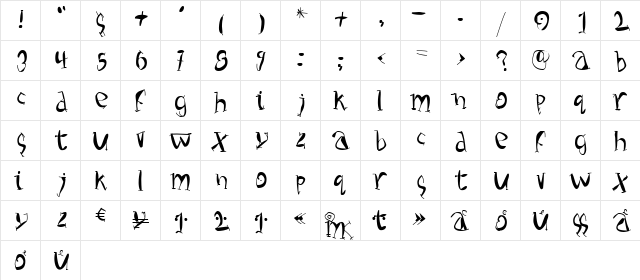 Handiqua Regular  glyph index