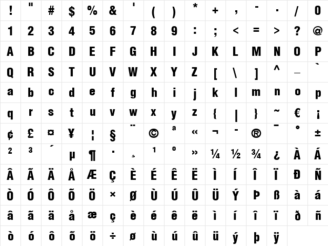 Helvetica LT CondensedBlack Regular  glyph index