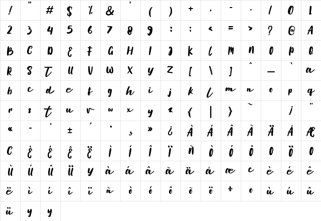 Hello Amellia Regular  glyph index