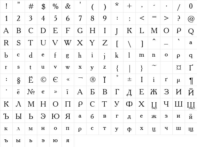Uk_Academy Regular  glyph index