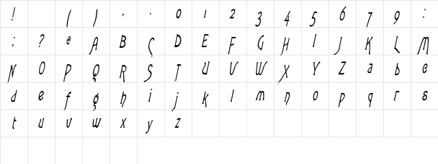 LoveLettersCondensed Italic  glyph index