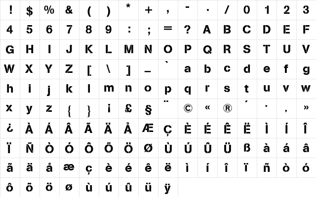 AG Buch Stencil BQ Regular  glyph index