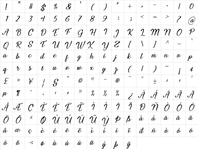 Yuliya Regular  glyph index