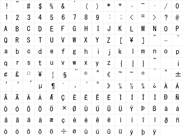 MS Gothic Regular  glyph index