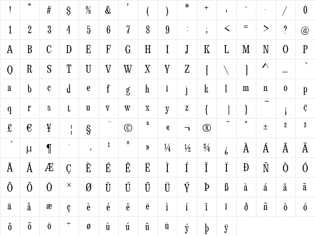 LatinCondensed Regular  glyph index