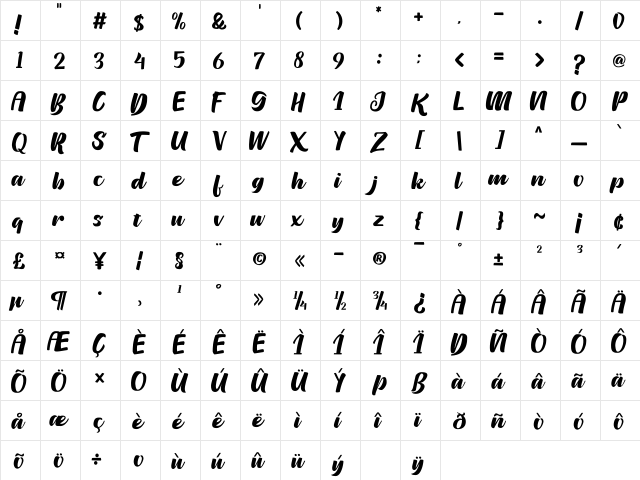Pinguid Regular  glyph index