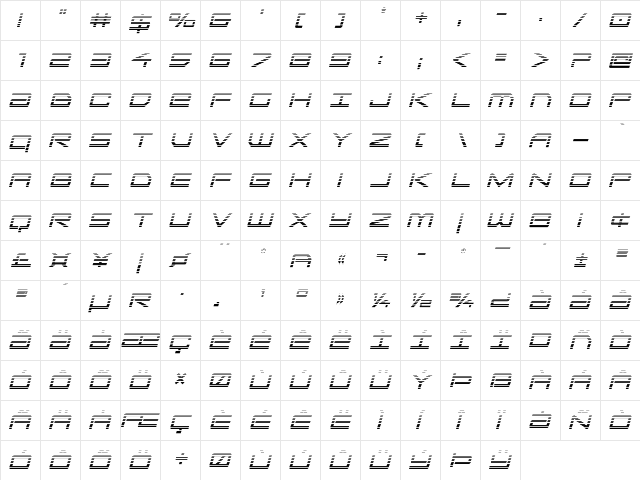 Sky Ridge Gradient Cond Italic Regular  glyph index