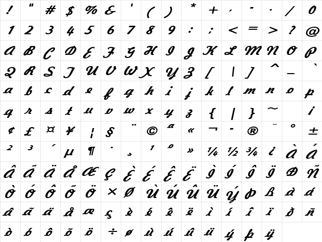 Jott 43 Wide BoldItalic  glyph index