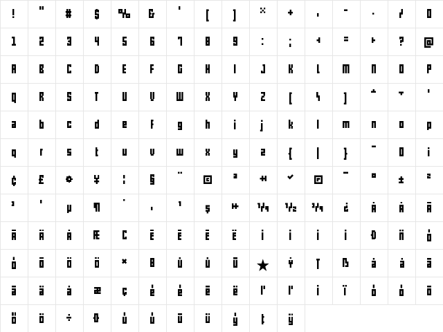 pxlxxl Regular  glyph index