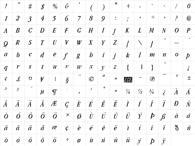GarnetCondensed Italic  glyph index