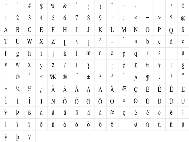 LimesCondensed Regular  glyph index