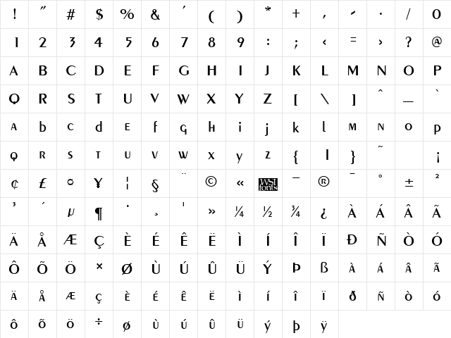 Penyae Regular  glyph index